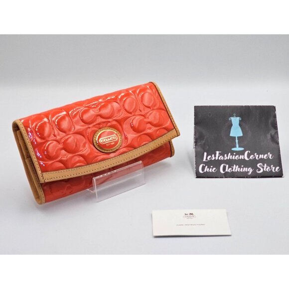 Coach Women's Orange Beige Patent Leather Signature Embossed Wallet Size L 2727 - Picture 3 of 10